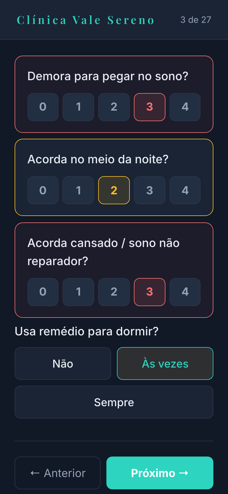 O mesmo acompanhamento no telefone do paciente: as perguntas do questionário com as respostas que ele marcou.